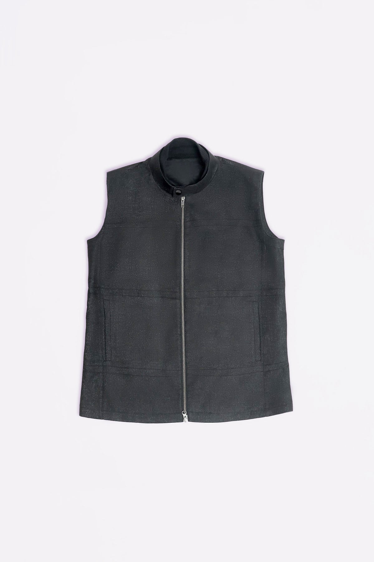 A dark gray sleeveless zip-up linen vest with a stand-up collar, displayed flat against a light gray background.