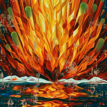 Abstract painting of a dramatic fiery explosion or burst of orange, yellow, red, and brown tones rising above dark blue water with reflections, rendered in thick textured brushstrokes.
