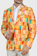 Man wearing a colorful checkered blazer on a white background