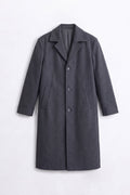 A dark gray linen coat with a notched lapel, three-button front closure, and large front patch pockets, shown flat against a light gray background.