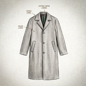 A hand-drawn sketch of a long coat with labeled details including cotton satin lining, notch lapel, and 4-olea linen, shown on a textured off-white background.