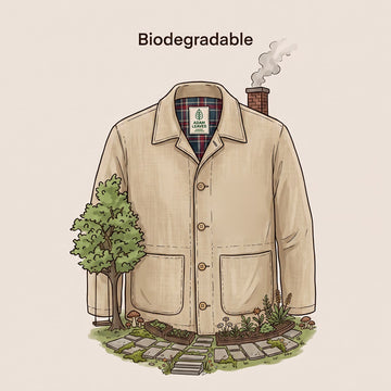 An illustrated beige linen jacket with a plaid inner collar, shown with the word 'Biodegradable' above it. The bottom of the jacket is decorated with a small tree, garden bed, stones, and a smoking chimney, on a plain beige background.