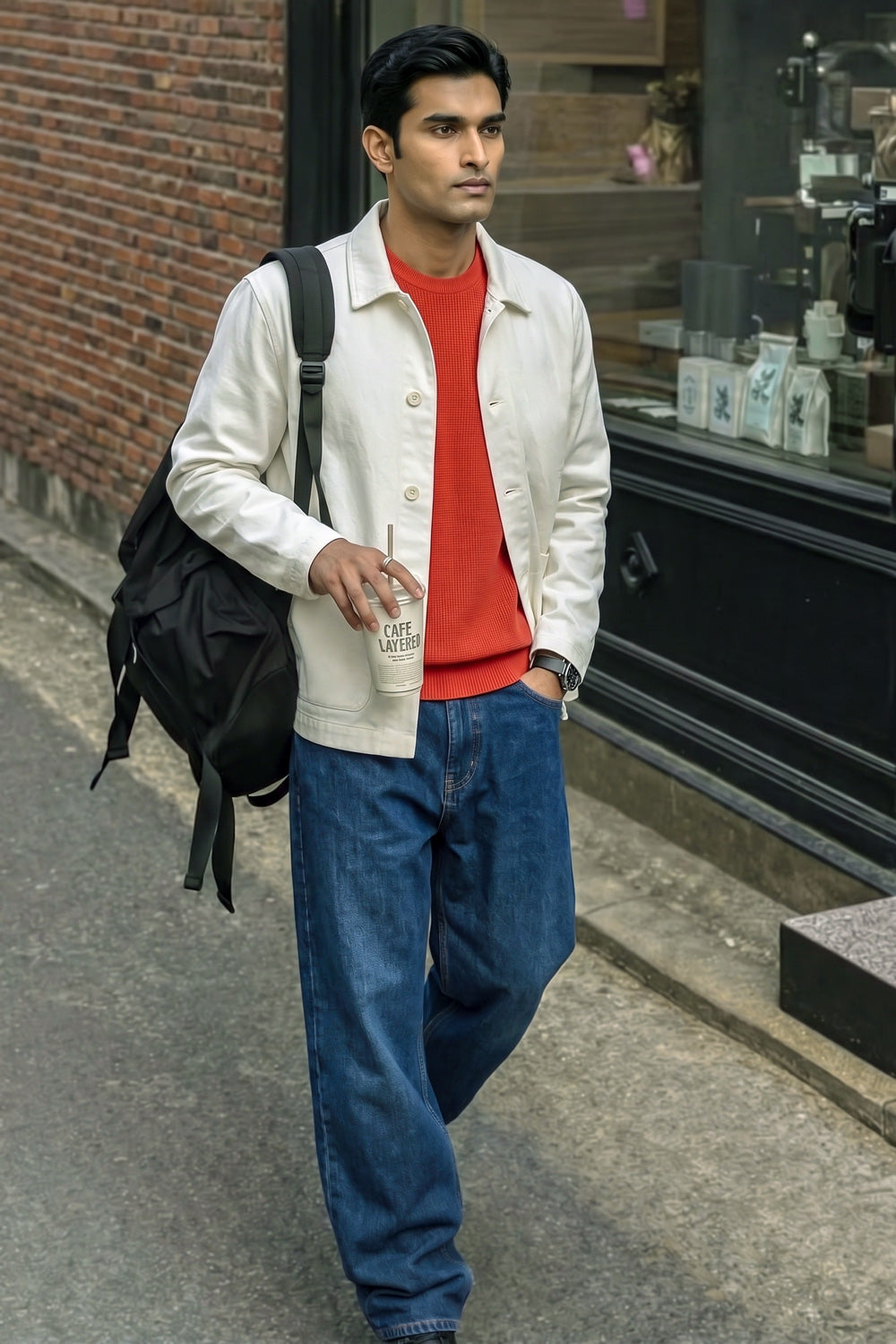 A man walking on a city street wearing a cream-colored linen jacket over a red crewneck shirt, blue jeans, and carrying a black backpack.