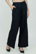 A pair of black wide-leg trousers with front button opening, 5 belt loops, 2 slanted front pockets, 2 jetted back pockets, and an elastic waistband.