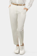 A pair of white women's hemp trousers with a belt, slanting front pockets, and jetted back pockets, featuring a hook and bar closure at the waistband and a zip fly.