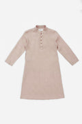 A light pink linen tunic dress with long sleeves and a buttoned mandarin collar, laid flat against a white background.