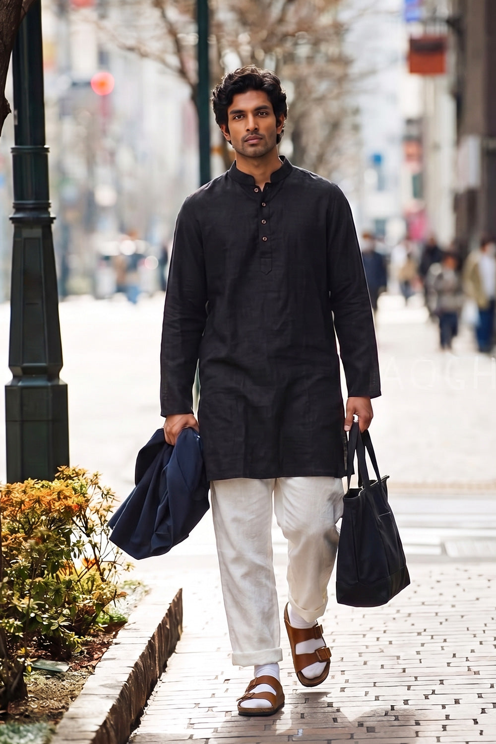 A man walking on a city sidewalk wearing a black long-sleeve linen kurta and white trousers, carrying a dark blue jacket and a black tote bag.