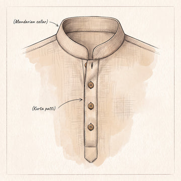 A hand-drawn fashion illustration of a beige kurta with a mandarin collar and three buttons, labeled with text pointers reading '(Mandarin collar)' and '(Kurma patt)'.