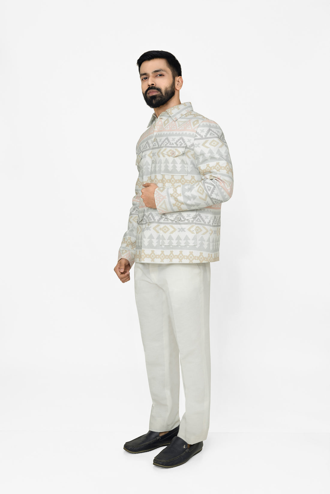"Linen jacket  for men in reactive digital print by Adam Leaves – biodegradable, breathable outerwear"