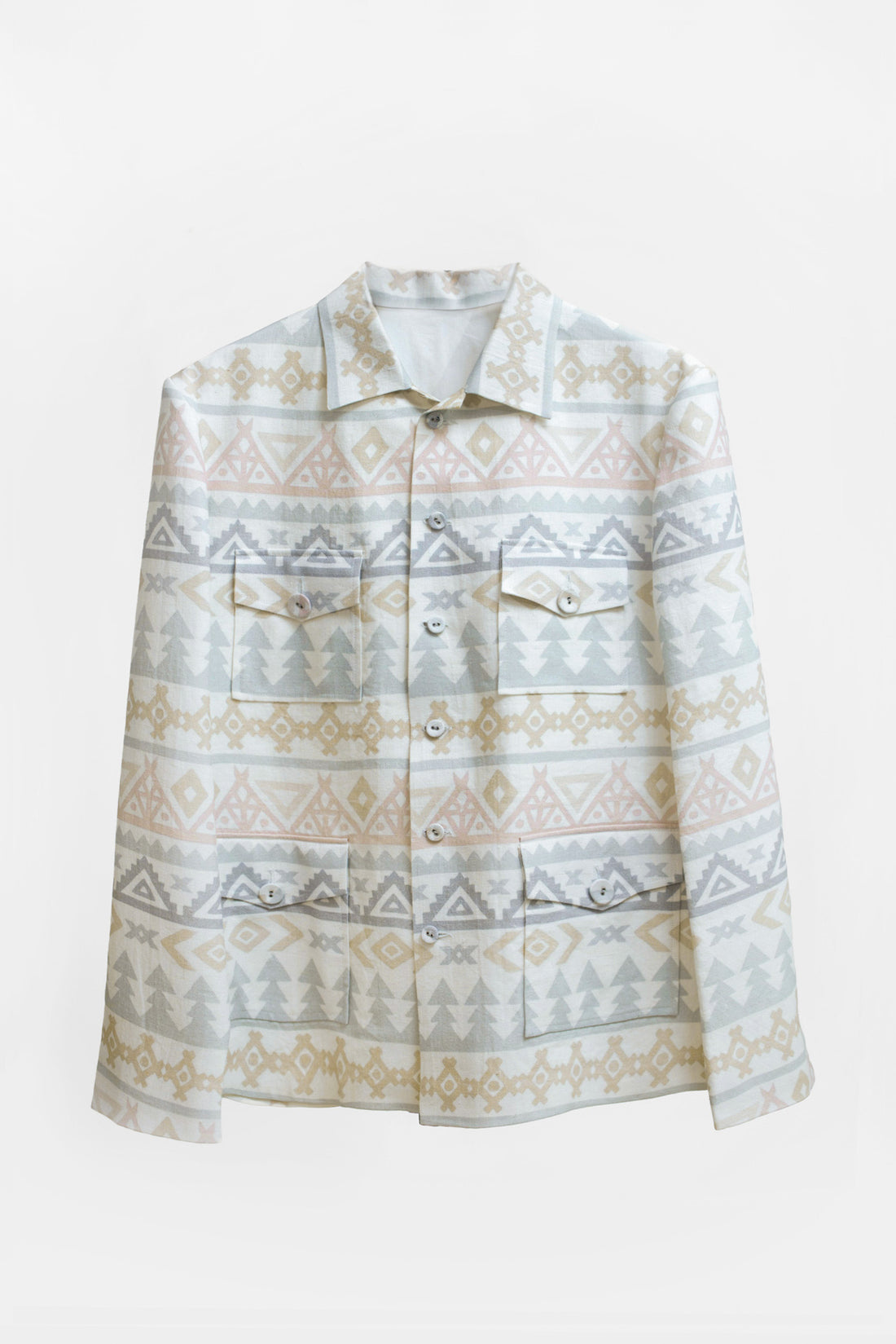 "Linen jacket  for men in reactive digital print by Adam Leaves – biodegradable, breathable outerwear"