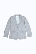 A men's single-breasted blazer with thin vertical navy and white pinstripes, featuring notch lapels, a two-button front closure, and flap pockets, shown flat on a white background.