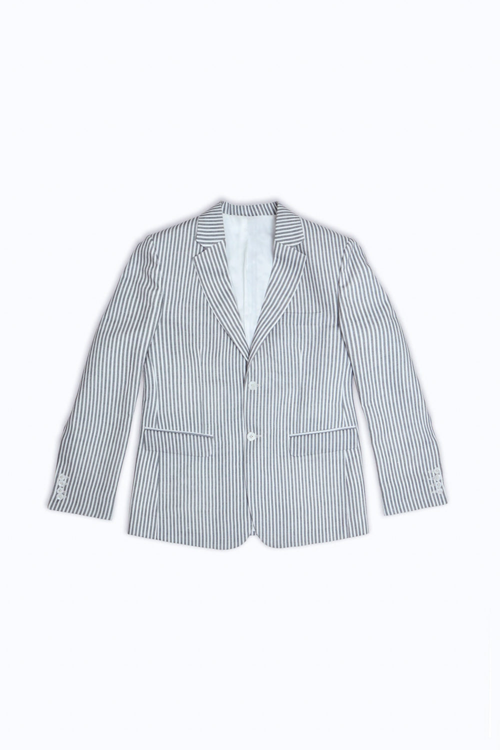 A men's single-breasted blazer with thin vertical navy and white pinstripes, featuring notch lapels, a two-button front closure, and flap pockets, shown flat on a white background.