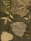 Olive hemp-cotton fabric hand eco-printed with leaves, close-up of the print