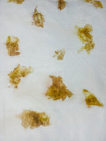Hemp-cotton fabric hand eco-printed with onion skins, wide view of the print