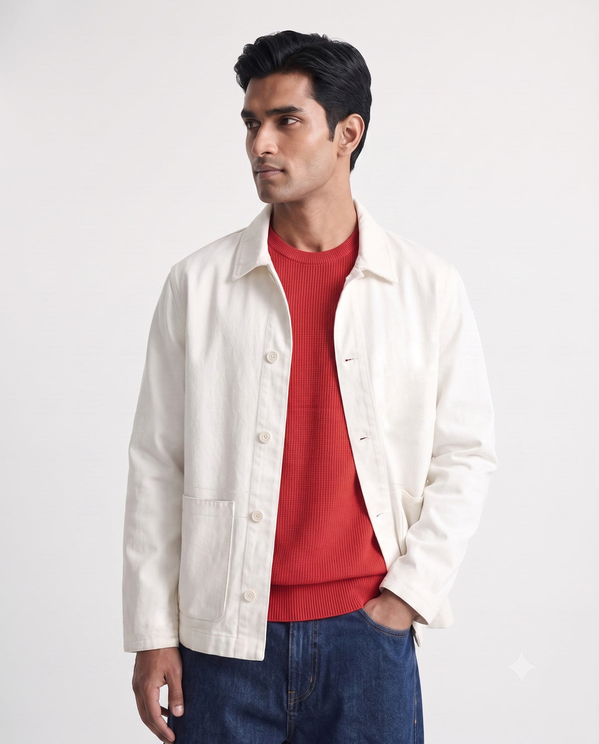 A man wearing a cream-colored linen jacket over a red knit sweater and blue jeans, standing against a plain light gray studio background.