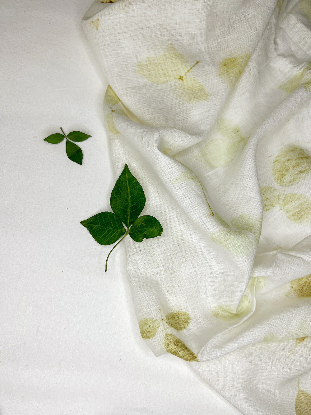 Linen fabric hand eco-printed with leaves, folded with fresh leaf sprigs on top