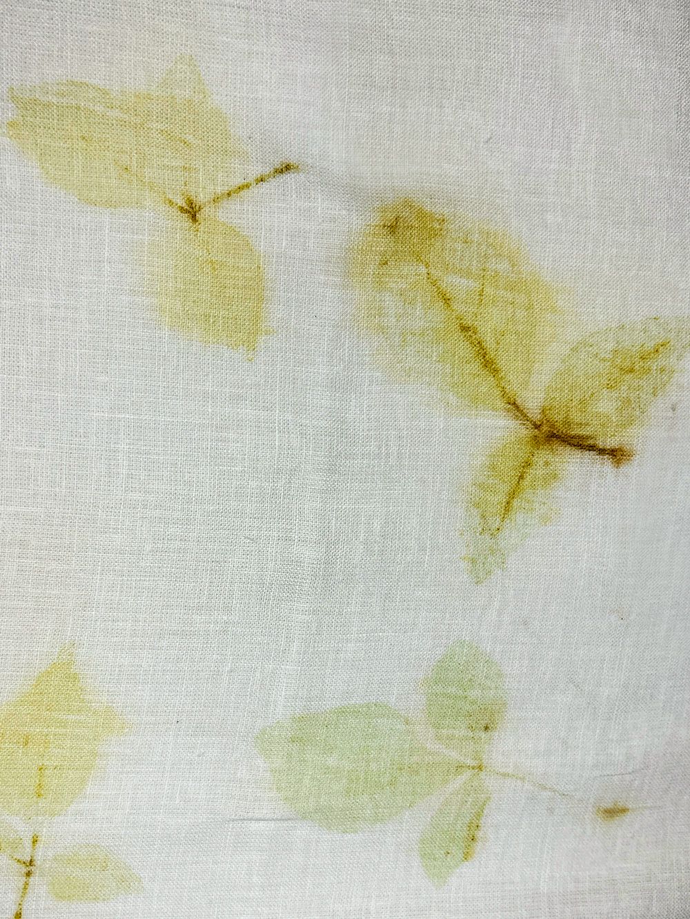 Close-up of leaf eco-print on folded linen fabric
