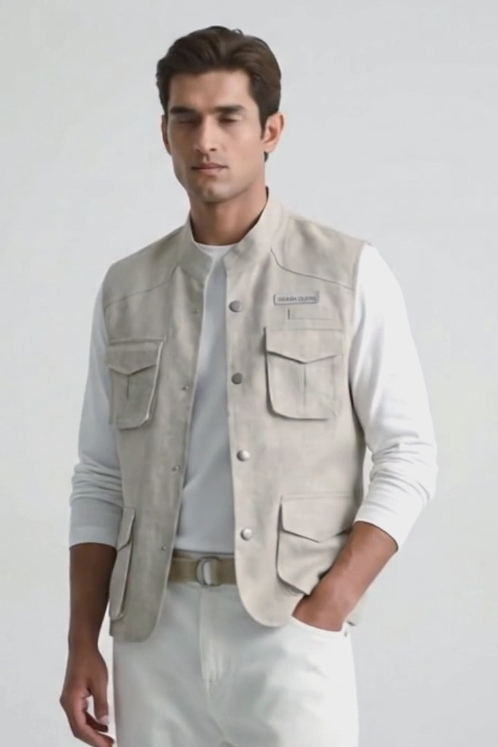 A man modeling a light beige utility linen vest over a white long-sleeve T-shirt, paired with white trousers, a beige belt, and white sneakers, against a plain white studio background.