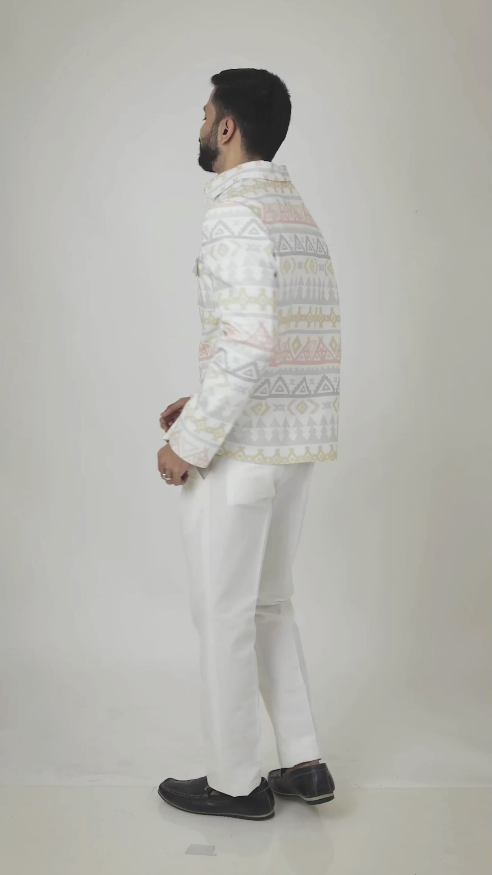 "Linen jacket  for men in reactive digital print by Adam Leaves – biodegradable, breathable outerwear"