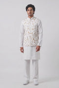 Suvarna Marigold Eco-Printed Cotton Satin Vest by Adam Leaves, handcrafted from rescued temple flowers on natural cotton satin. Sustainable men's waistcoat, botanical print, ethically made in India with eco-friendly materials and zero-plastic craftsmanship