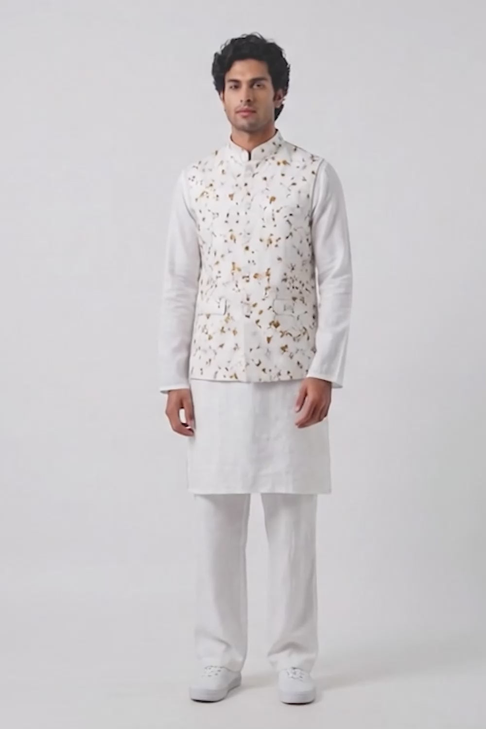 Suvarna Marigold Eco-Printed Cotton Satin Vest by Adam Leaves, handcrafted from rescued temple flowers on natural cotton satin. Sustainable men's waistcoat, botanical print, ethically made in India with eco-friendly materials and zero-plastic craftsmanship