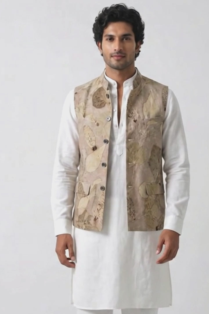 A man modeling a white traditional outfit consisting of a kurta, trousers, and white sneakers, paired with a beige eco-printed hemp vest over a white shirt, against a plain white studio background.