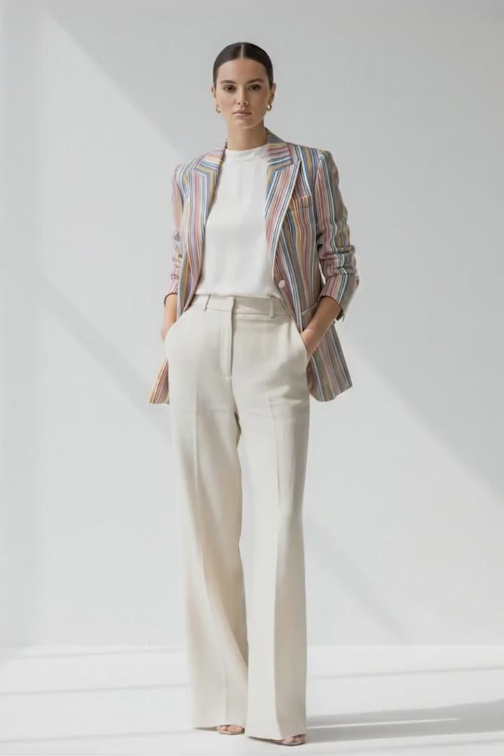 Woman wearing a striped Linen blazer and white pants on a plain background