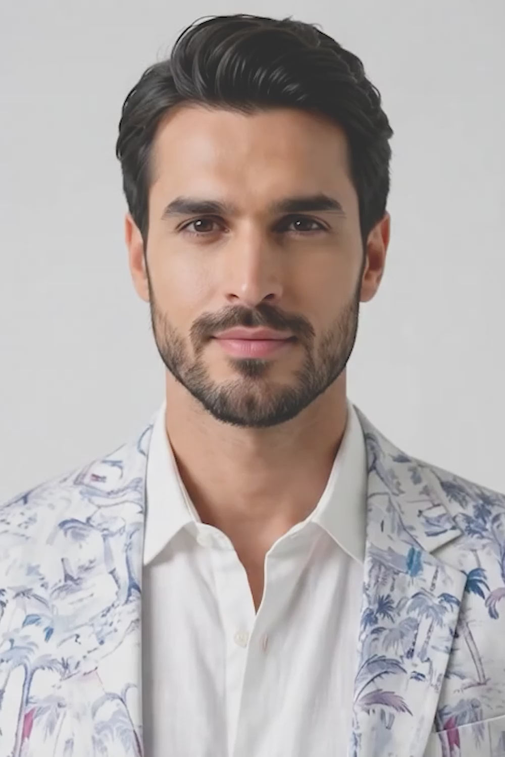 A man modeling a white linen blazer with a blue and gray toile-style print, worn over a white shirt and blue jeans, standing against a light gray studio background.